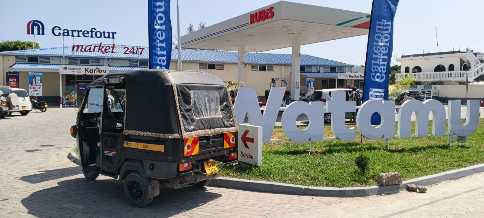 Mose's tuk tuk at the Watamu sign near Carrefour market